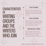 A light purple square with drawings of stars decorating it reads "Characteristics of Writing Groups and the Writers Who Join" on the left side. Separating the halves of the image is a small vertical line with four dots. On the right side of the image is three text boxes, each with a short blurb of text beneath them. The boxes read "Deeply Relational," "Joyfully Redefining," and "Unapologetically Feminist." In the lower right corner of the image "Heart-Head-Hands: Everyday Living for Justice" is written in a mauve.