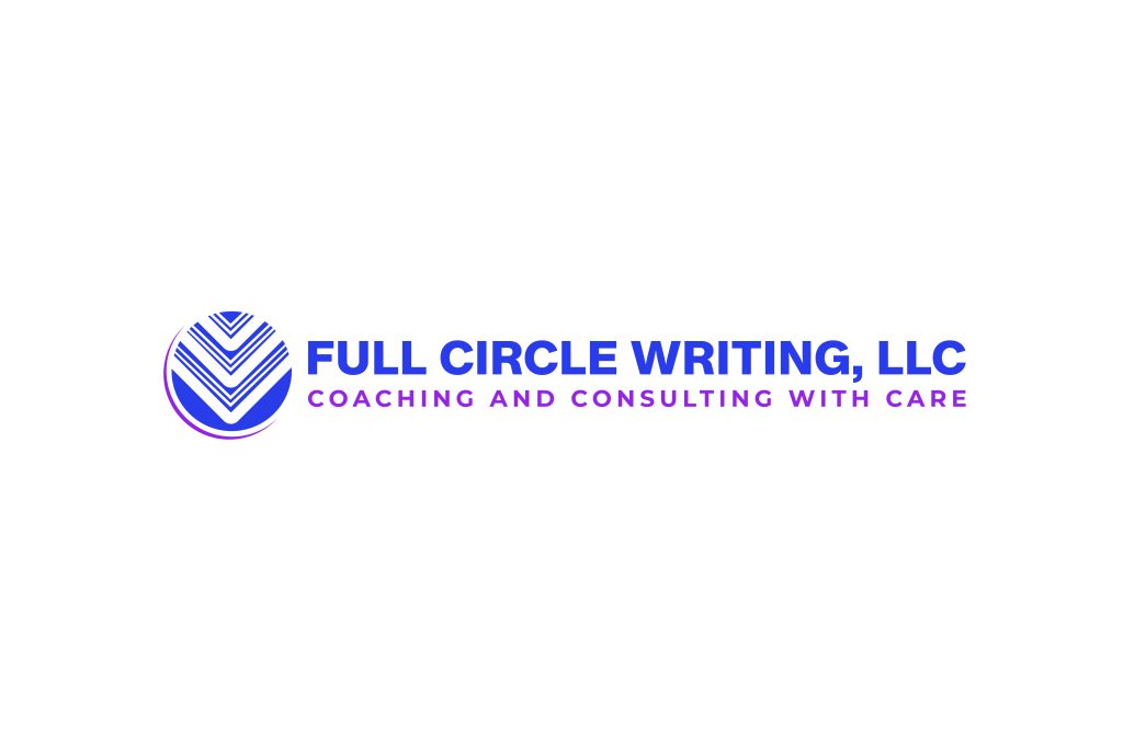 The logo for Full Circle Writing, LLC. The image has a circle with art of blue books slightly open, stacked on top of eachother. The circle has a purple line around half of it. The words “Full Circle Writing, LLC” are written next to it in blue capital letters. Below the large blue text reads, “Coaching and consulting with care,” in smaller, purple writing.