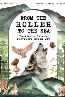 A cover of the literary magazine, "From the Holler to the Sea," subtitled, "Hurricane Helene Survivors Speak Out." The cover is decorated with water color-esque art of animals and forests. In the top left corner reads, "dandelionscribes.com" and in the upper right corner, "special thanks to @rednecksrising."
