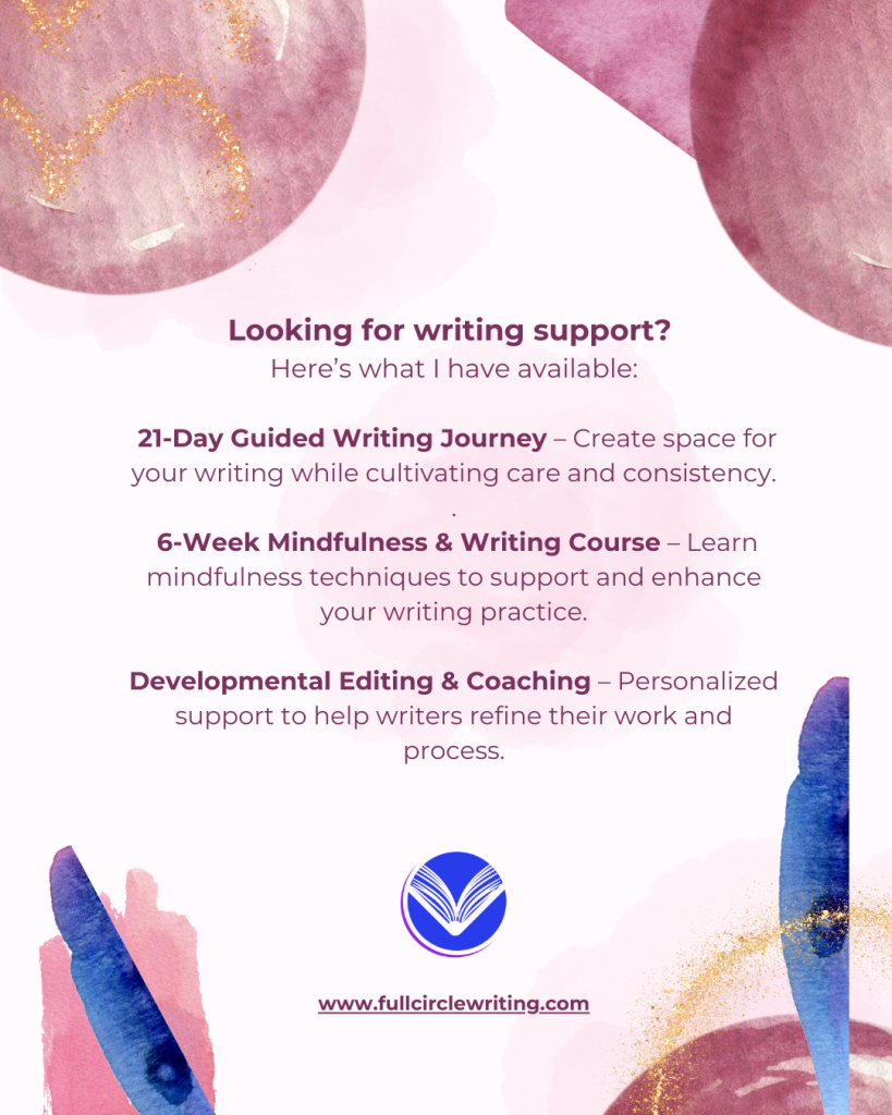 An infographic for Full Circle Writing, LLC appears on a watercolor pink background with circles of pink-purple and blue and gold lines on the corners. The text on the graphic details the different services provided by Full Circle Writing, as well as the website link. The logo for Full Circle Writing, a circle with art of blue books slightly open, stacked on top of each other, is featured near the bottom of the image.