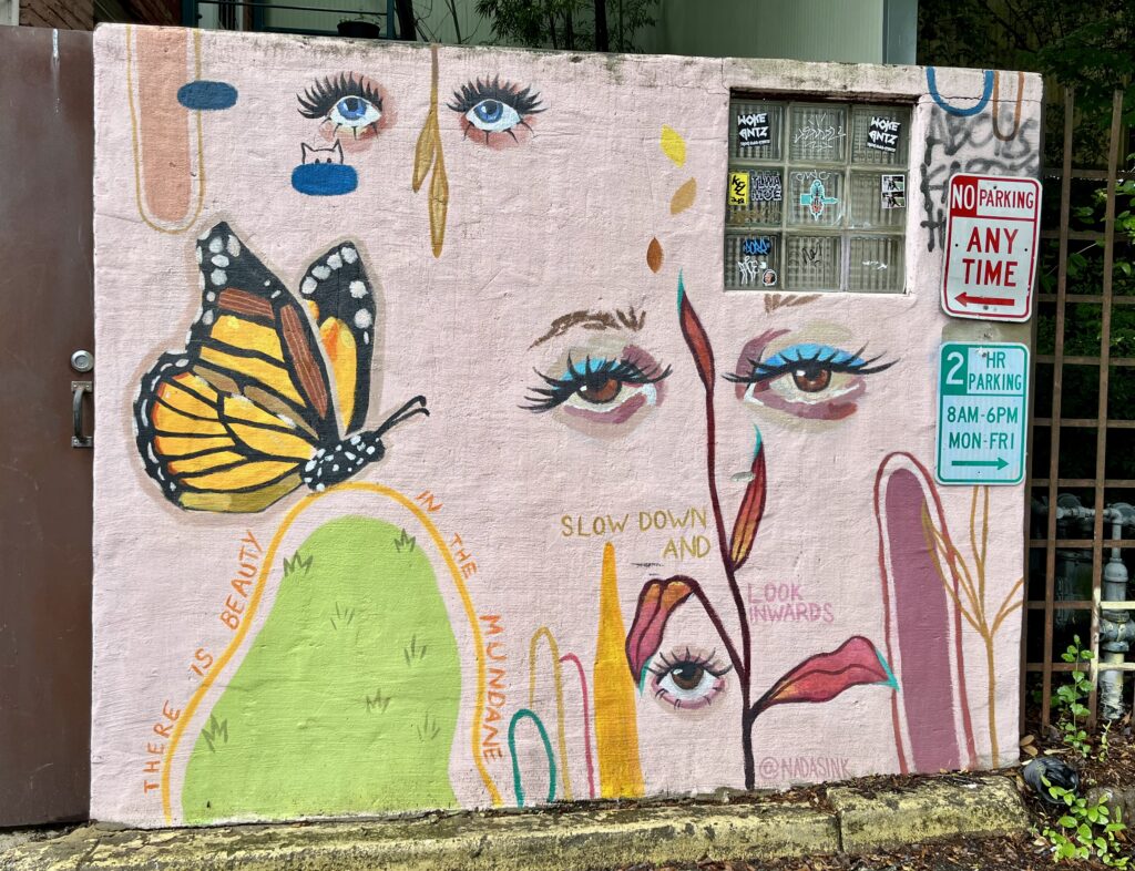 A a mural in downtown Raleigh (from my recent visit to Candace Epps-Robertson, Ph.D.) shows writing out in the world with a combination of eyes, plants, and a butterfly, along with the text: "There is beauty in the mundane" and "slow down and look inwards." The colorful mural by @nadasink sits alongside street signs, stickers, and the alphabet written in the upper right-hand corner.