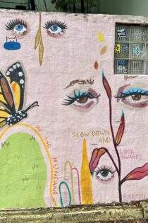 A a mural in downtown Raleigh (from my recent visit to Candace Epps-Robertson, Ph.D.) shows writing out in the world with a combination of eyes, plants, and a butterfly, along with the text: "There is beauty in the mundane" and "slow down and look inwards." The colorful mural by @nadasink sits alongside street signs, stickers, and the alphabet written in the upper right-hand corner.