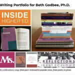 Above a college reads "Writing Portfolio for Beth Godbee, Ph.D.". A collage with seven images: an orange rectangular logo for Inside Higher Ed, a stack of various books, a purple book titled, "Pedagogy;" a pink square with "Ms." written inside, a mauve book cover for "Performing Antiracist Pedagogy in Rhetoric, Writing, and Communication," a blue, white, and red cover for the book "Best of the Journals in Rhetoric and Composition 2021," and a rectangular, black and white image of young people standing outside of a bus with the words "Reflections, A Journal of Community-Engaged Writing and Rhetoric" across the image. The word "reflections" is reflected under the title as well. Below the collage reads, " My publications range from peer-reviewed to popular press, from poetry to prose."