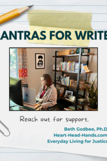 A graphic titled "Today's Mantra" with a square of white paper taped to notebook paper with masking tape accompanied by two paper clips and a pencil. Beneath the title and an image of Beth in a red, checkered flannel shirt, working at her computer in front of a bookshelf reads, reads "Reach out for support." In the lower right corner of the image reads "Beth Godbee, Ph.D., Heart-Head-Hands.com: Everyday Living for Justice."