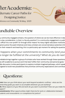 A poster titled "After Academia: Alternate Career Paths for Designing Justice, Conference on Community Writing 2025." The poster's header is beige and gold with an image of a bridge. Beneath the header and title is a section labeled "Roundtable Overview: For many community-engaged scholars..." Beneath this section is another section designated in a grey box with an abstract star image next to its title "Questions: Work: How can you think about your work..."