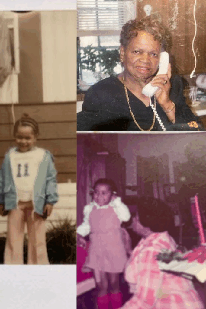A collage of three images, on the left, a photo of young Pam; in the upper right corner, a photo of Pam’s mother, Josephine J. Jones; and in the lower right corner, a photo of young Pam and her mother together. In the photo of exclusively young Pam she is dressed in pink pants, a white shirt, blue jacket, and with braided hair. The photo of Josephine J. Jones shows her wearing a black dress and a gold necklace, talking on a white telephone. In the photo of the two together, Pam’s mother is wearing a pink gingham dress and is turned away from the camera, while a young Pam sports a pink dress with white sleeves.