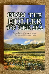 The cover of the book "From the Holler to the Sea, An Anthology of Words & Images by Survivors of Hurricane Helene" from Rednecks Rising. The cover of the book shows blue skies and green grassy fields stretching out to a line of trees.