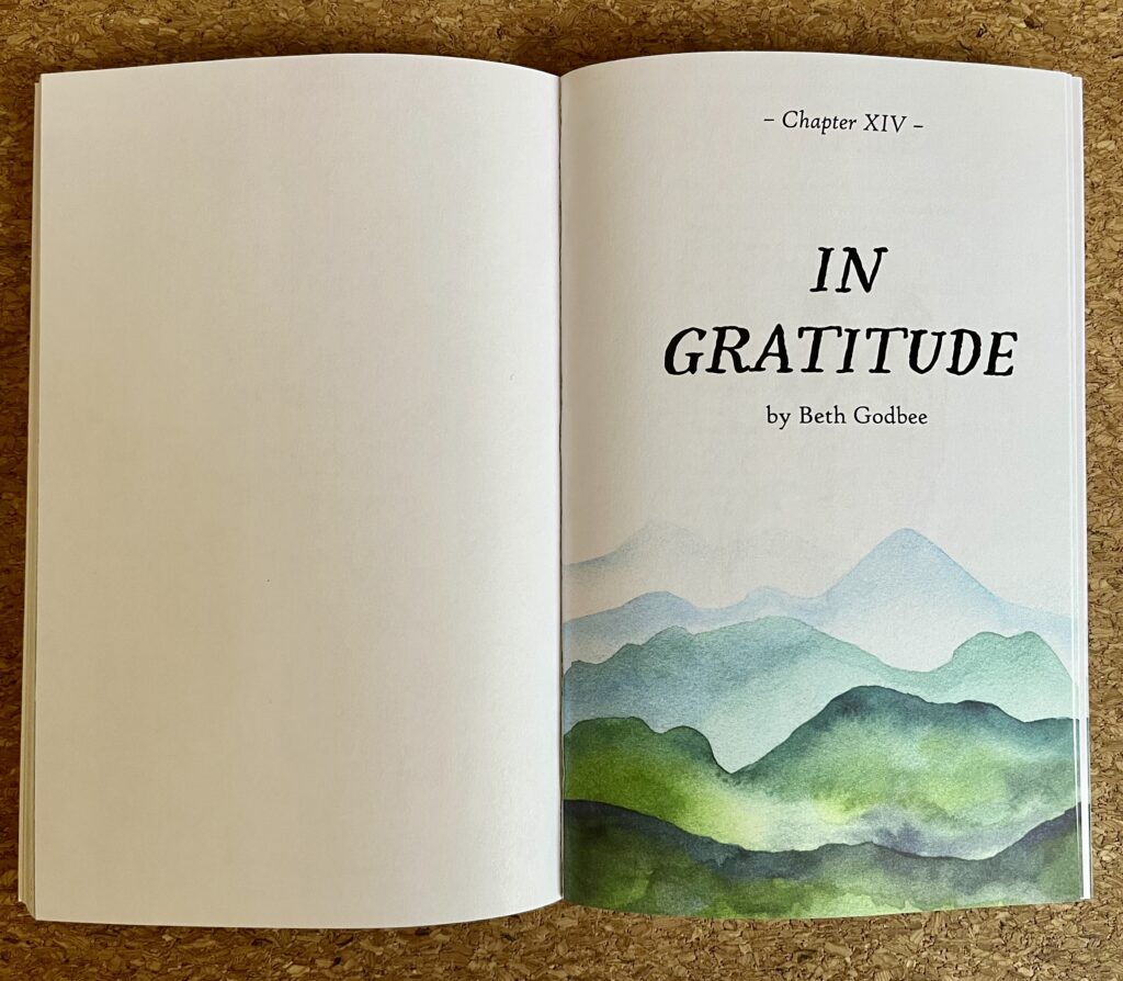 An open page of the book "From the Holler to the Sea," specifically showcasing the title page of Beth Godbee's entry. The page depicts watercolor mountains and is accompanied by text reading "Chapter 14, In Gratitude, by Beth Godbee" where the numbers are represented with Roman numerals.