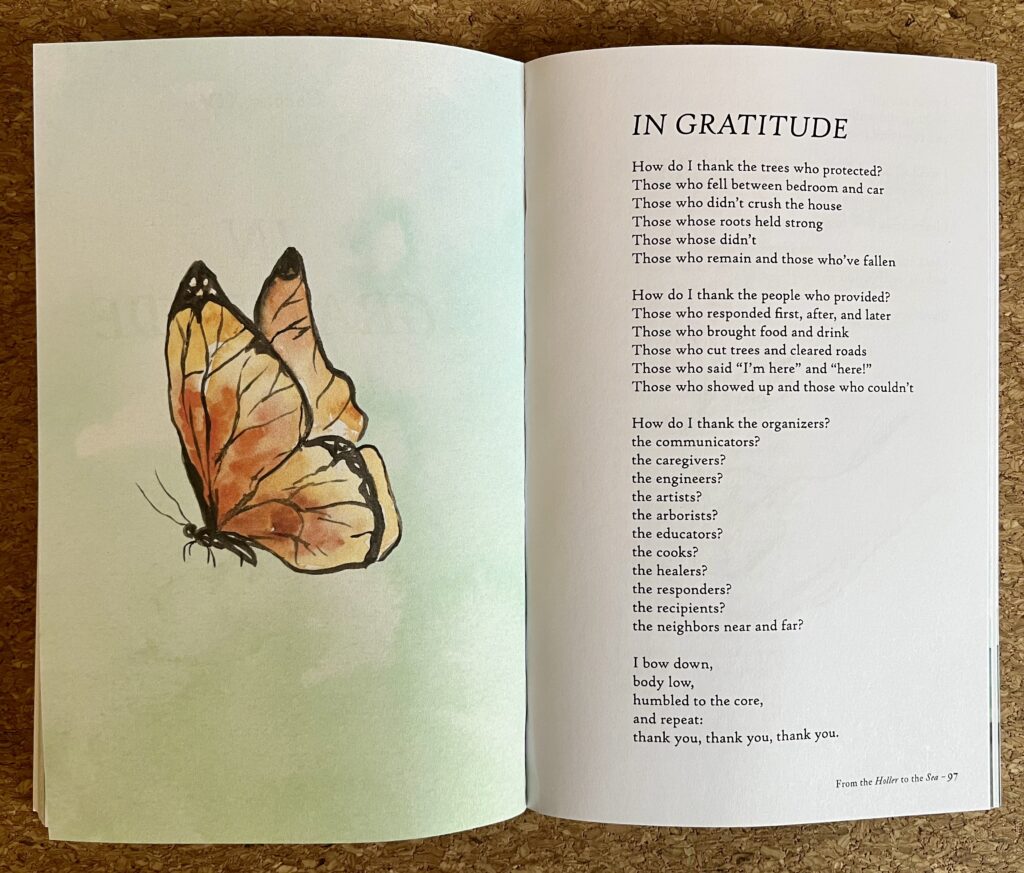 A copy of "From the Holler to the Sea," flipped open to two pages, on the left a watercolor image of a monarch butterfly against a green background, and on the right the poem "In Gratitude" by Beth Godbee. The poem begins, "How do I thank the trees who protected? Those who fell between bedroom and car..."