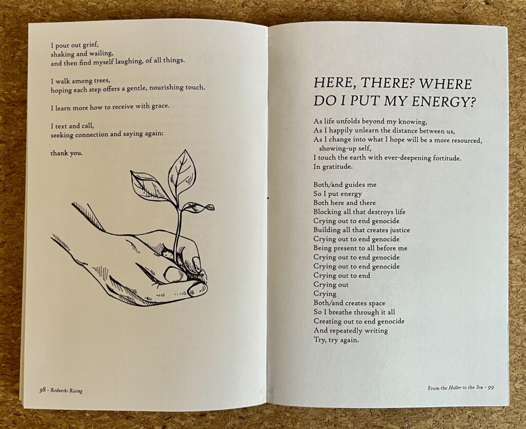 Two open pages of "From the Holler to the Sea." On the left, the end of the poem "In Gratitude" accompanied by a black and white sketch of hands holding a small plant. The poem reads, "I pour out grief, ..." On the right, a poem by Beth Godbee reading "Here, There? Where Do I Put My Energy?" The poem begins, "As life unfolds beyond my knowing, ..."