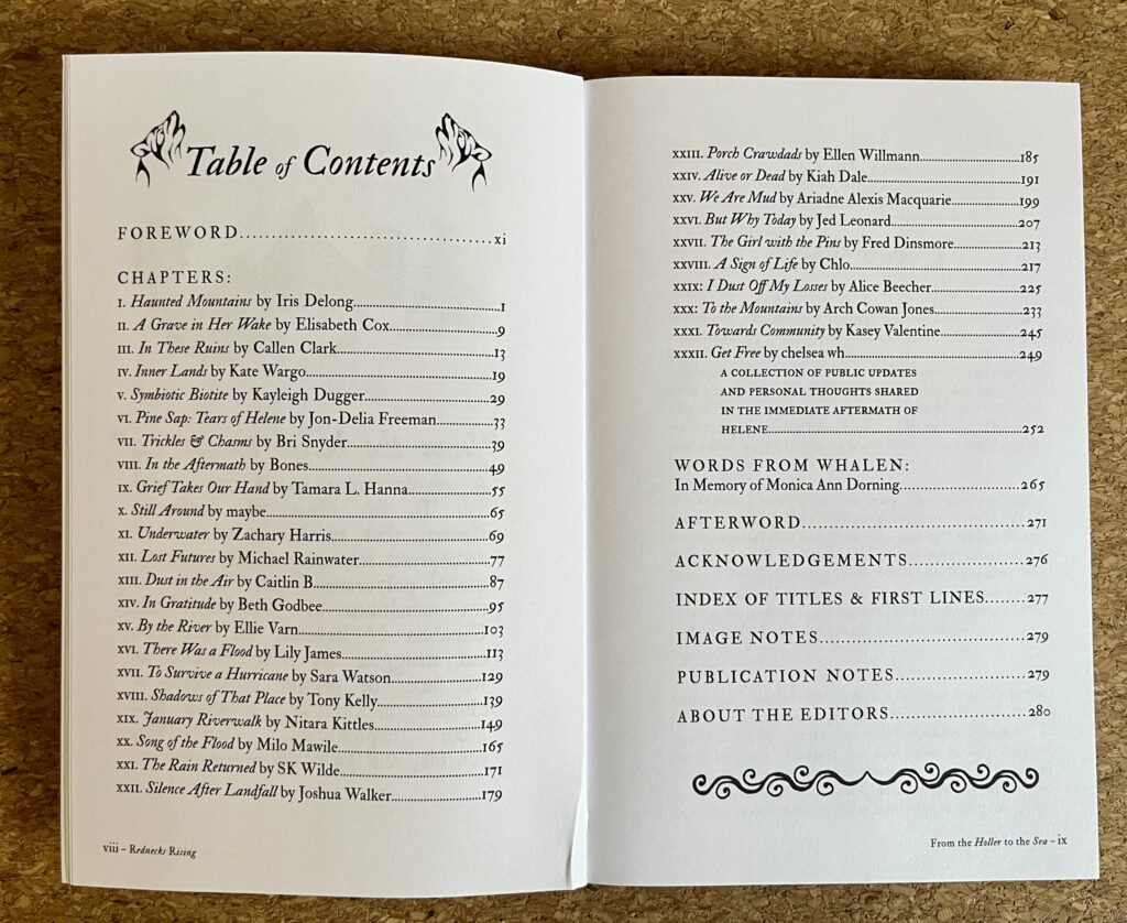 The table of contents for "From the Holler to the Sea." The table of contents spans two pages and is printed with black ink. Next to the words "Table of Contents" on the left page are two illustrations of howling wolves.