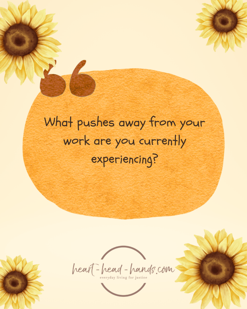 A light orange background with a large red-orange oval in the center accompanied by a brown quotation mark. Text in the oval reads “What pushes away from your work (from as large as your professional identity to as small as a piece of this career chapter) are you currently experiencing?” Below this is the Heart-Head-Hands logo. Decorating all four corners of the image are illustrations of sunflowers. There is one in each corner with a slightly larger sunflower in the upper left and lower right corner.