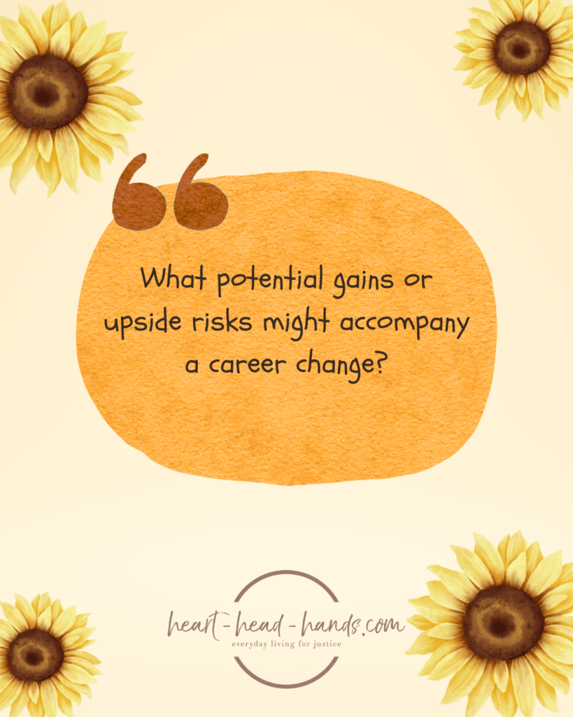 A light orange background with a large red-orange oval in the center accompanied by a brown quotation mark. Text in the oval reads “What potential gains or upside risks might accompany a career change?” Below this is the Heart-Head-Hands logo. Decorating all four corners of the image are illustrations of sunflowers. There is one in each corner with a slightly larger sunflower in the upper left and lower right corner.