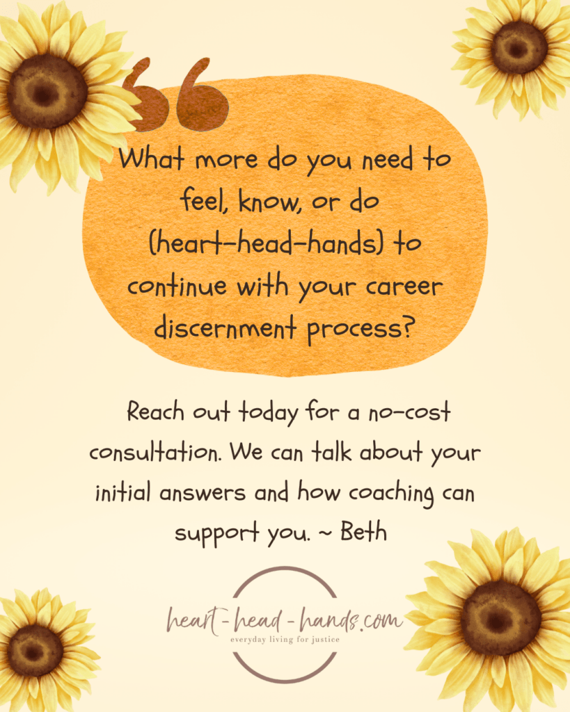 A light orange background with a large red-orange oval in the center accompanied by a brown quotation mark. Text in the oval reads “What more do you need to feel, know, or do (heart-head-hands) to continue with your career discernment process?” Below the oval is text reading “ Reach out today for a no-cost consultation. We can talk about your initial answers and how coaching can support you. ~ Beth” followed by the Heart-Head-Hands logo. Decorating all four corners of the image are illustrations of sunflowers. There is one in each corner with a slightly larger sunflower in the upper left and lower right corner.