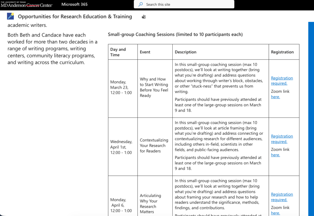 A screenshot of the Heart-Head-Hands and Full Circle Writing, LLC collaborative page with the MD Anderson Cancer Center. The title of the page reads "Opportunities for Research Education & Training." The page contains the first half of a table containing the dates, titles, descriptions, and registration information for small-group coaching sessions.