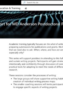 A screen capture of Beth and Candace's collaborative project with the MD Anderson Cancer Center. The title of the page reads "Writing Process Support for MD Anderson Postdoctoral Fellows" against a black background with blue dotted rippling lines. Below the title, are photos of Beth, dressed in a maroon shirt and black sweater, and Candace, dressed in a navy dress. Next to their photos, the text begins to read "Academic training typically focuses on..."