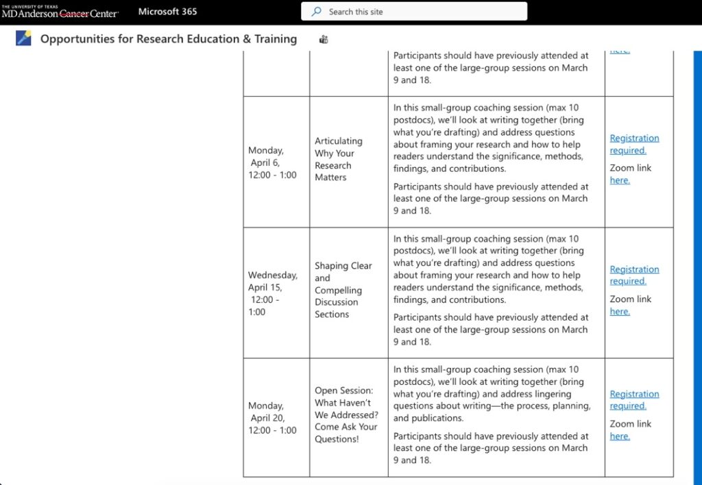 A screenshot of the Heart-Head-Hands and Full Circle Writing, LLC collaborative page with the MD Anderson Cancer Center. The title of the page reads "Opportunities for Research Education & Training." The page contains the second half of the table containing the dates, titles, descriptions, and registration information for small-group coaching sessions.