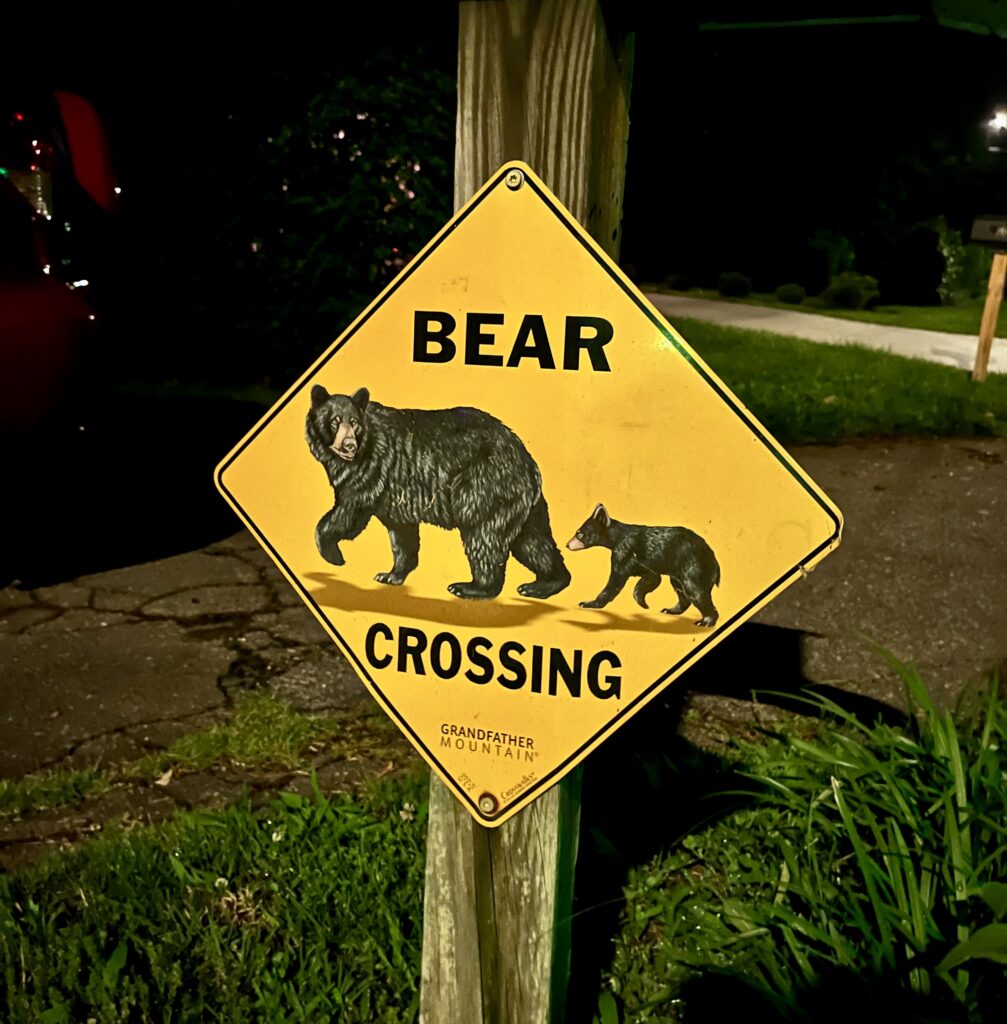 A bright yellow diamond shaped sign with black letters spelling "BEAR CROSSING" in all upper case letters. The sign also shows a drawing of two black bears.