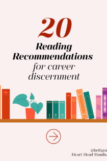 Photo shows an illustrated bookshelf with the title: 20 reading recommendations for career discernment.