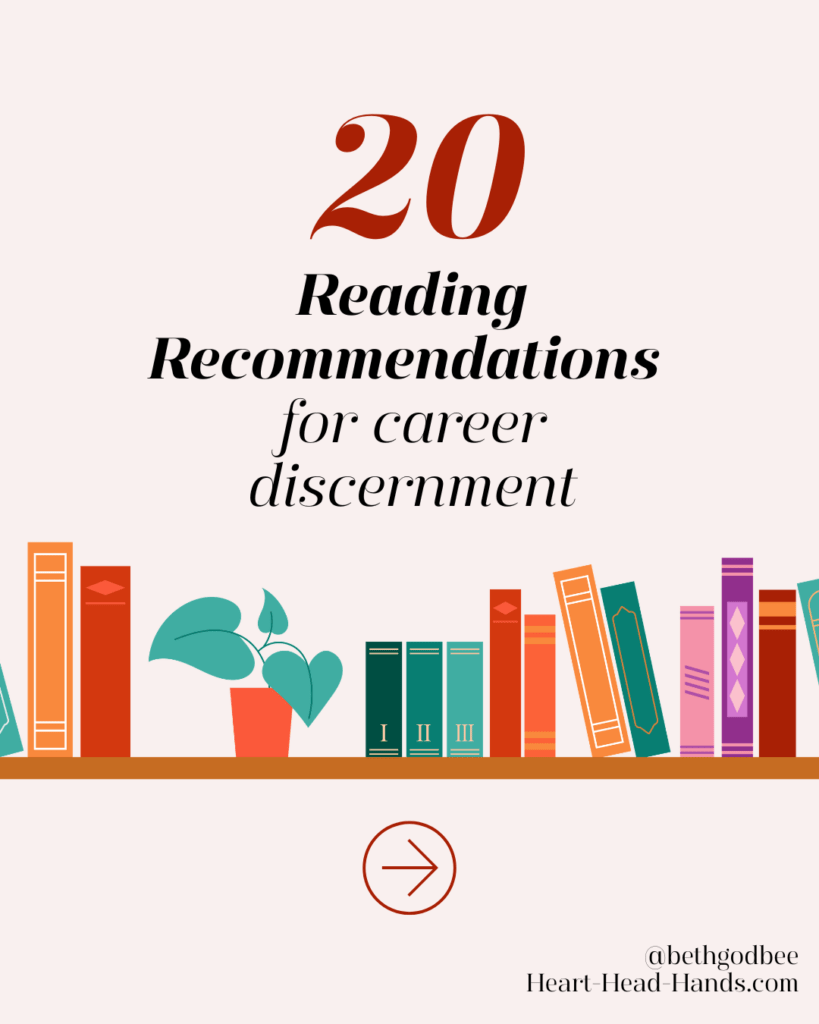 Photo shows an illustrated bookshelf with the title: 20 reading recommendations for career discernment.