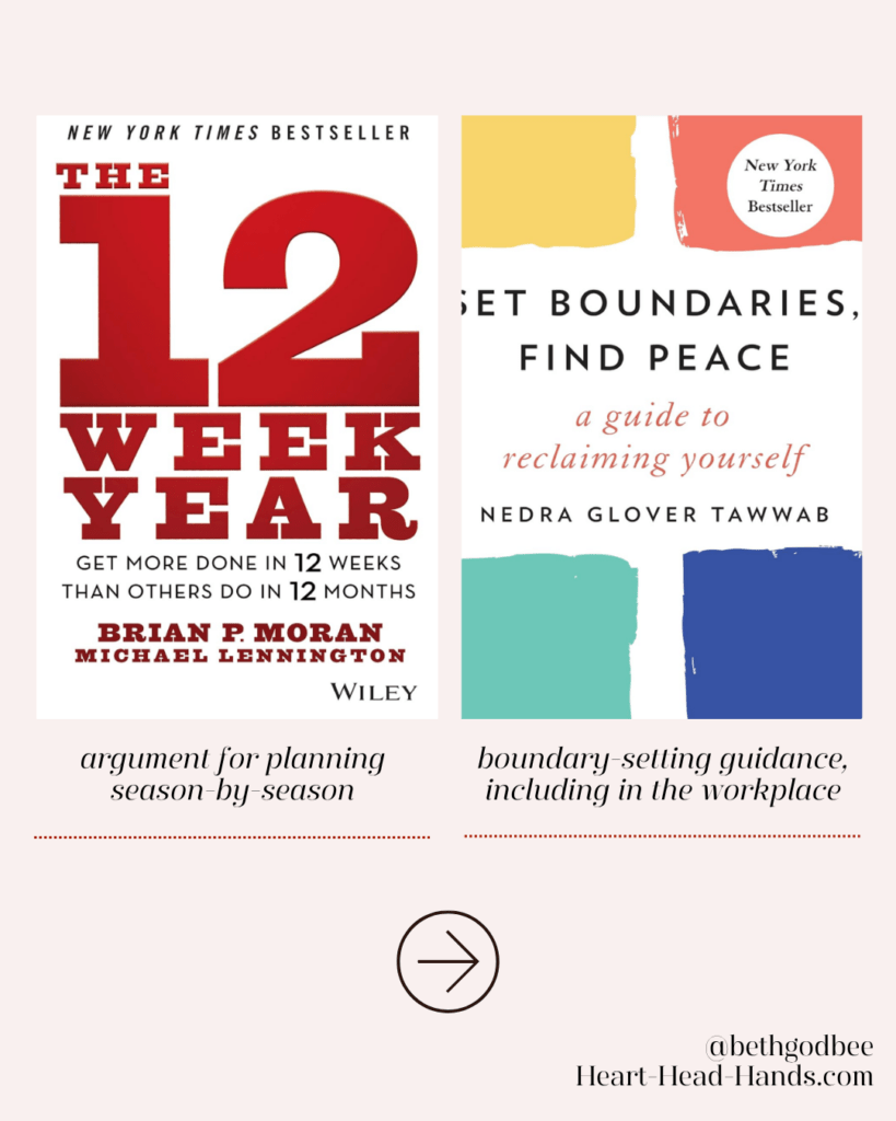 Two book covers side by side: 'The 12 Week Year' by Brian P Moran and Michael Lennington with text about planning; 'Set Boundaries, Find Peace' by Nedra Glover Tawwab with text about boundary-setting guidance.