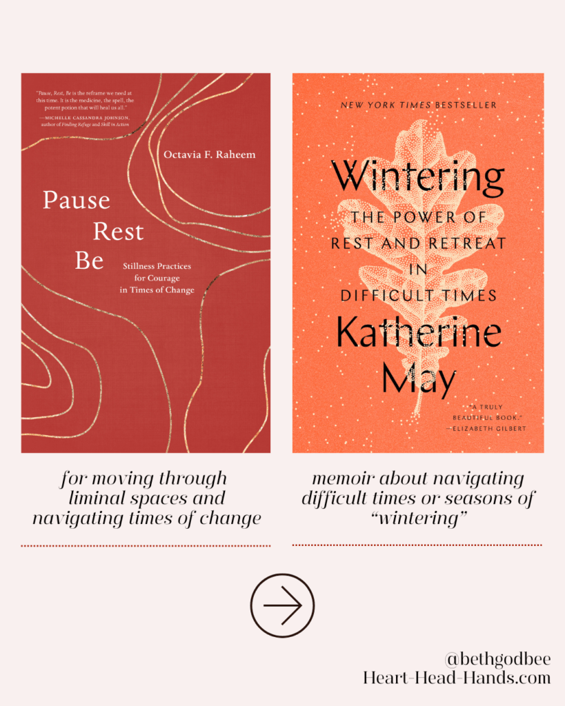 Book covers of Pause Rest Be by Octavia F. Raheem and Wintering by Katherine May with descriptions of navigating times of change and difficult seasons.