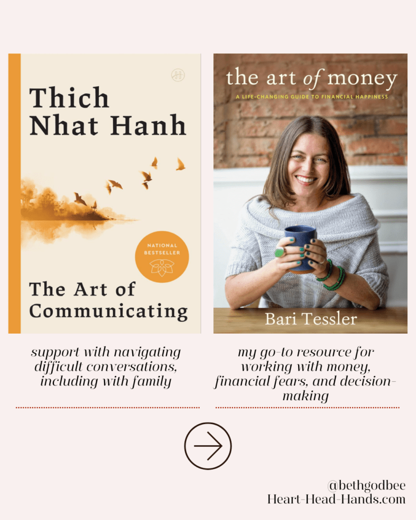 Book covers of The Art of Communicating by Thich Nhat Hanh and The Art of Money by Bari Tessler with descriptions of support for navigating difficult conversations and financial decision-making.