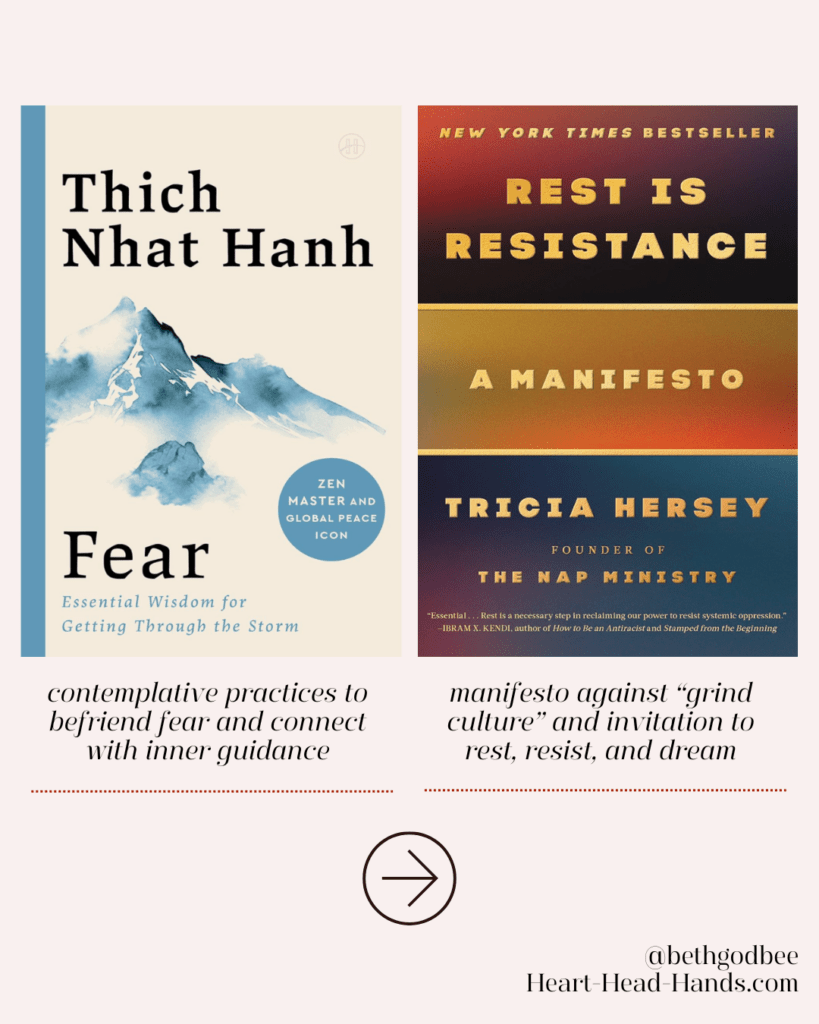 Two book covers side by side: left book titled Fear by Thich Nhat Hanh with mountain illustration, right book titled Rest Is Resistance by Tricia Hersey with gold and dark gradient background.